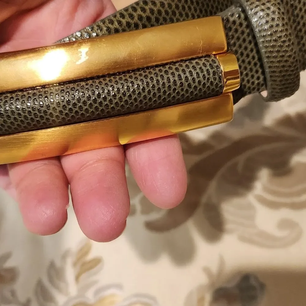 Carlisle green gray lather belt, small, gold hardware 32.5